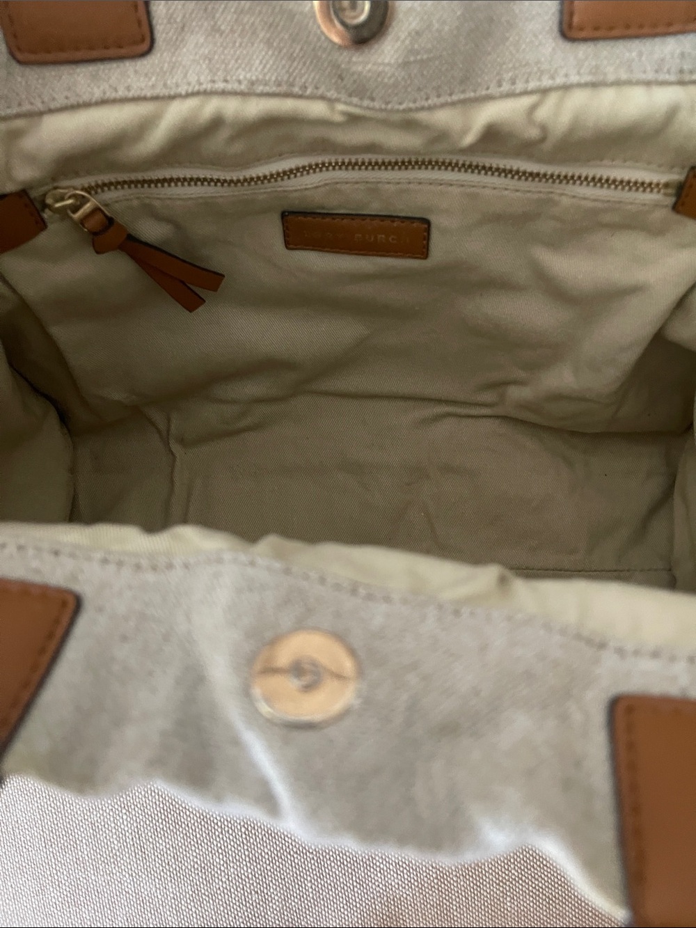 Tory Burch Canvas Tote with Multicolor Embroidered Medallion & Tan Trim - Picture 7 of 10